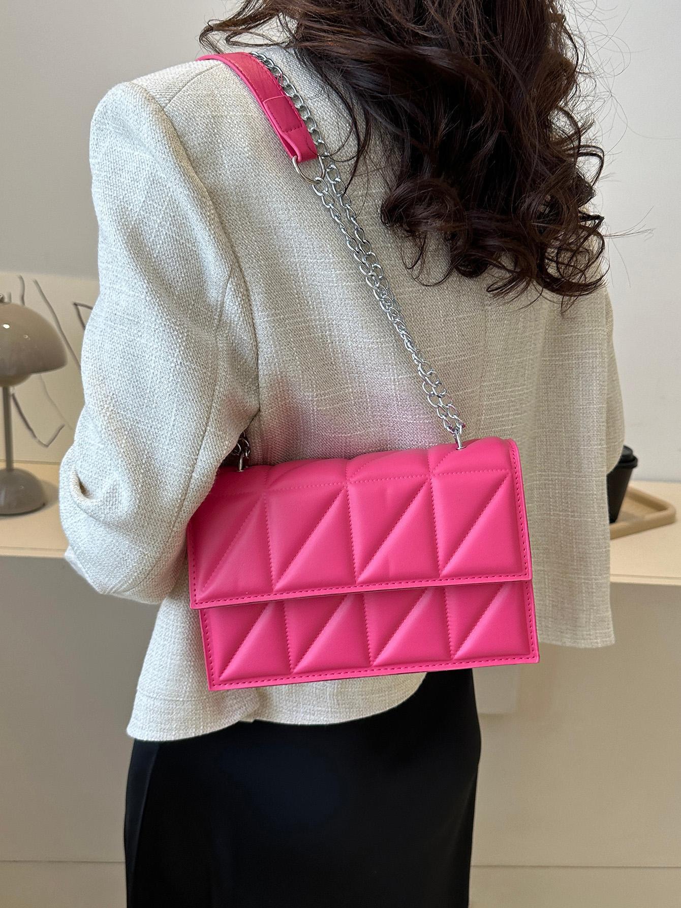 Bolso a cuadros con cadena plateada - Rosa fucsia